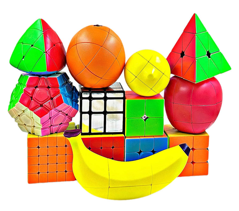 D ETERNAL 13 Packs Speed Cube Combo Set 2x2, 3x3, 4x4, 5x5, Pyramid, Megaminx, Mastermorphix, Silver Mirror, Windmill, Fruit Shape Apple, Banana, Lemon, Orange Cube Puzzles
