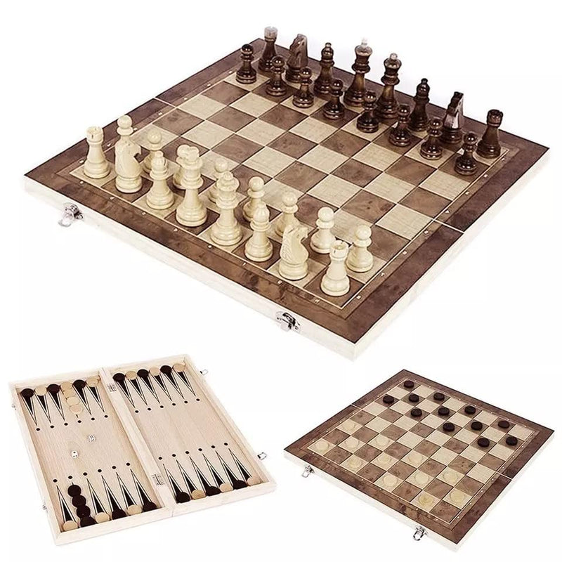 D ETERNAL Folding Wooden Chess Board Set with Magnet Closure for Adults and Kids 3 in 1 Chess Set Indoor, Outdoor Travel Board Game Set