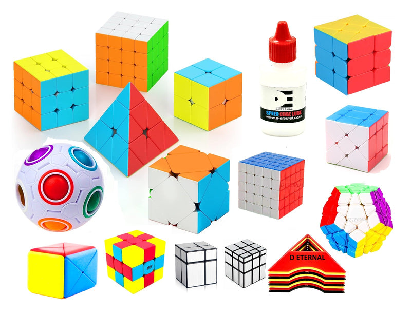 D ETERNAL 16 Packs Speed Cube Combo Set Bundle 2x2 3x3 4x4 5x5 Megaminx Pyramid Skew Mirror Windmill Fisher Ball 2x2 Mirror Cross Square Container Lube 10 Stand Sticker Cube Puzzles